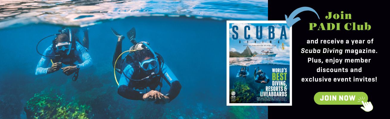 scuba divers underwater, cover of scuba diving magazine, call to action to join PADI club